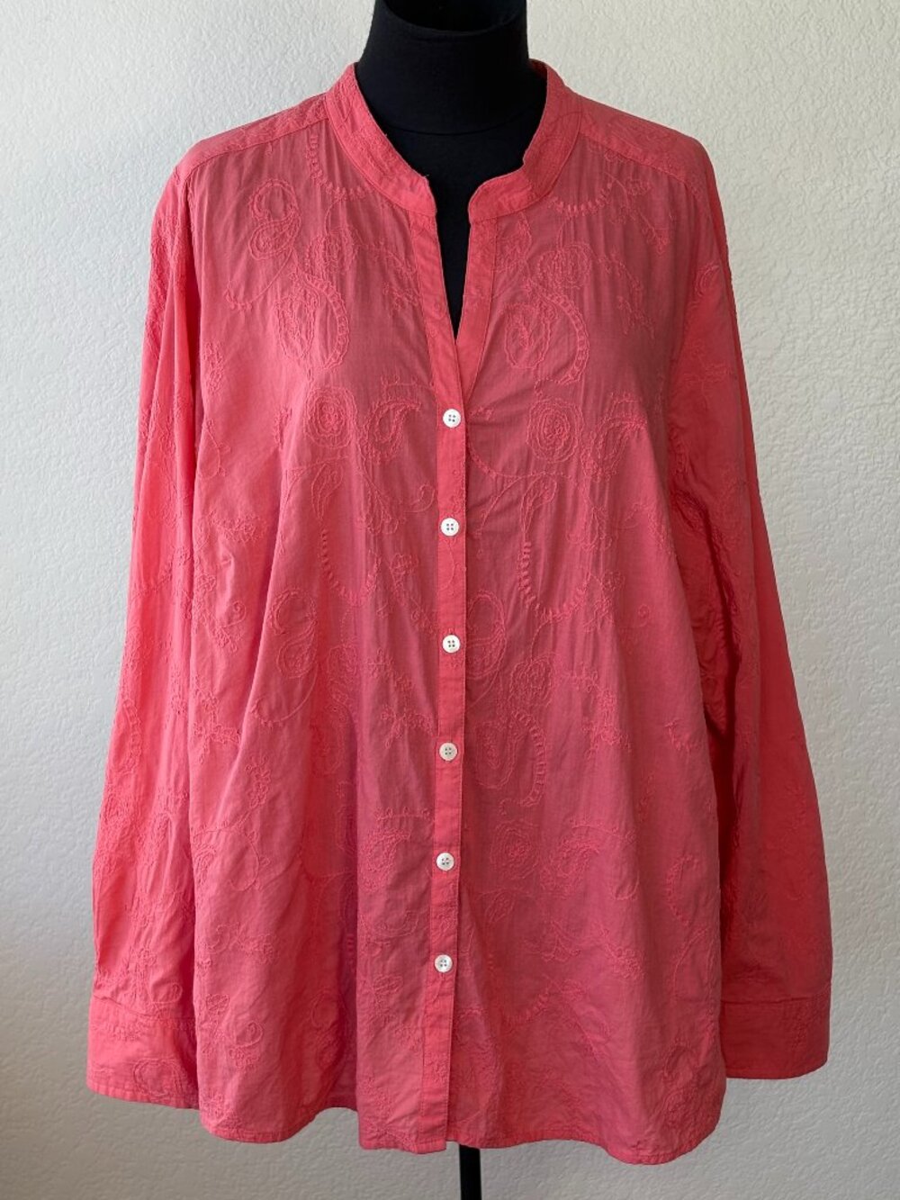 Sag Harbor Woman 2X Coral Embroidered Cotton Blouse Plus Size